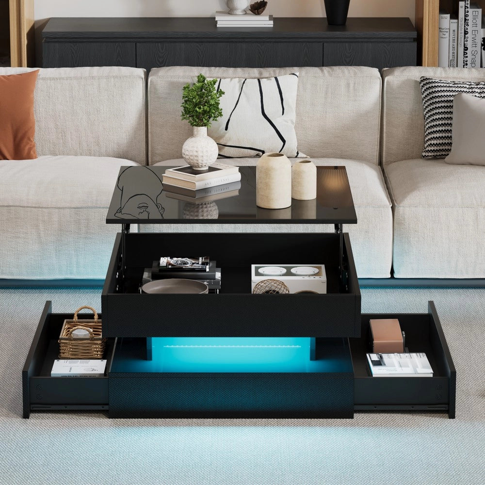 Tavolino da Salotto con LED e 2 Cassetti ¨C MINIMAL ¨C Nero Lucido 65x65x38.5