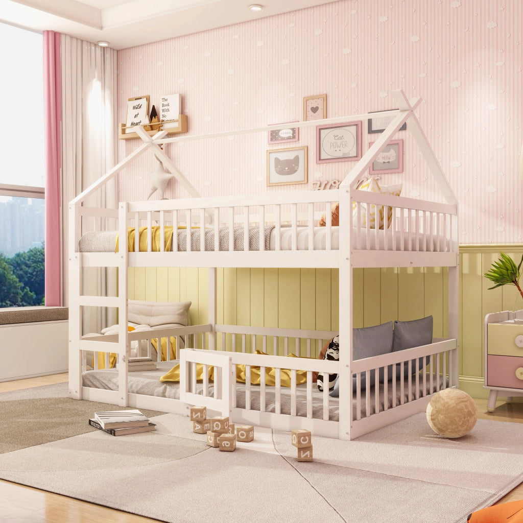 Letto a castello per bambini 140x200 cm con scala integrata, struttura in legno massello bianco e protezioni di sicurezza