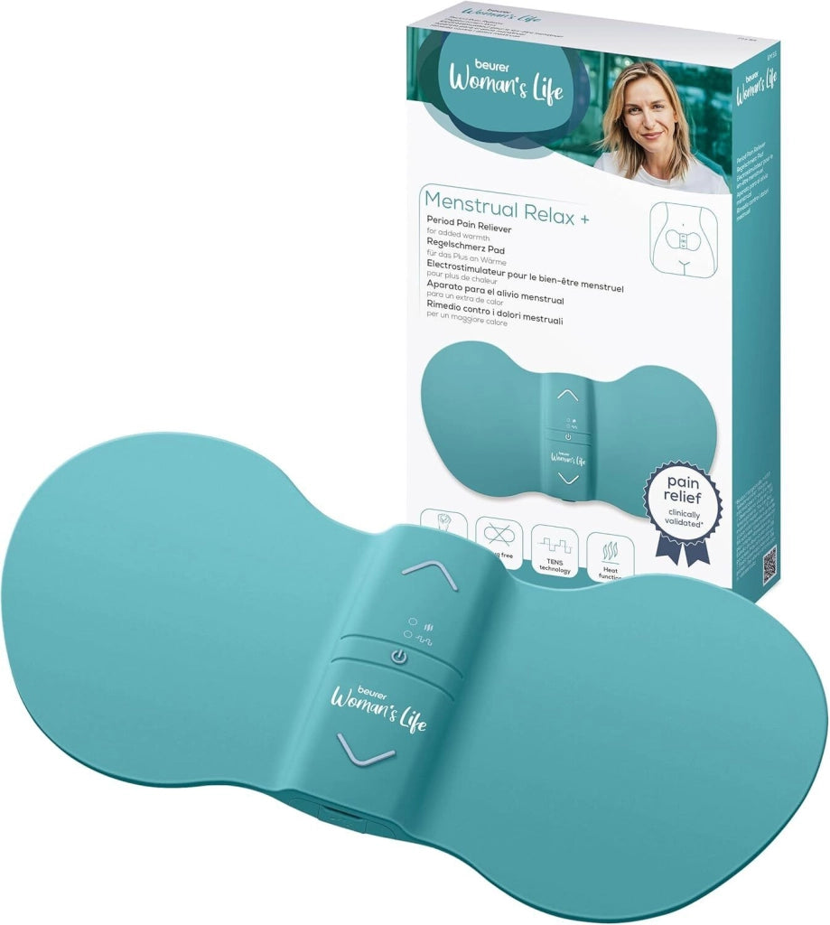 Beurer 10059 EM 55 Menstrual Relax+ Elettrostimolatore TENS con Funzione Calore 15 Livelli Intensita' Batteria Ricaricabile USB 4 Cuscinetti Gel colore Turchese