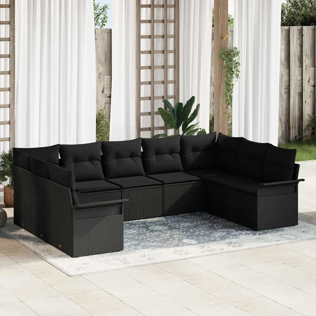 Set Divano da Giardino con archiviazione 9 pcs Nero polyrattan