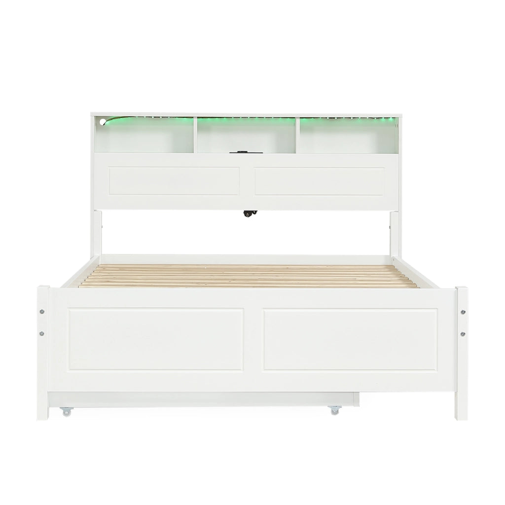 Letto matrimoniale con letto estraibile, testiera con presa di ricarica, luci LED e contenitore, bianco, 214x128,5x91,5 cm