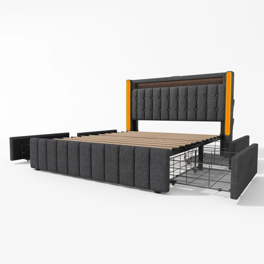 Letto imbottito con ricarica USB, LED e 4 cassetti