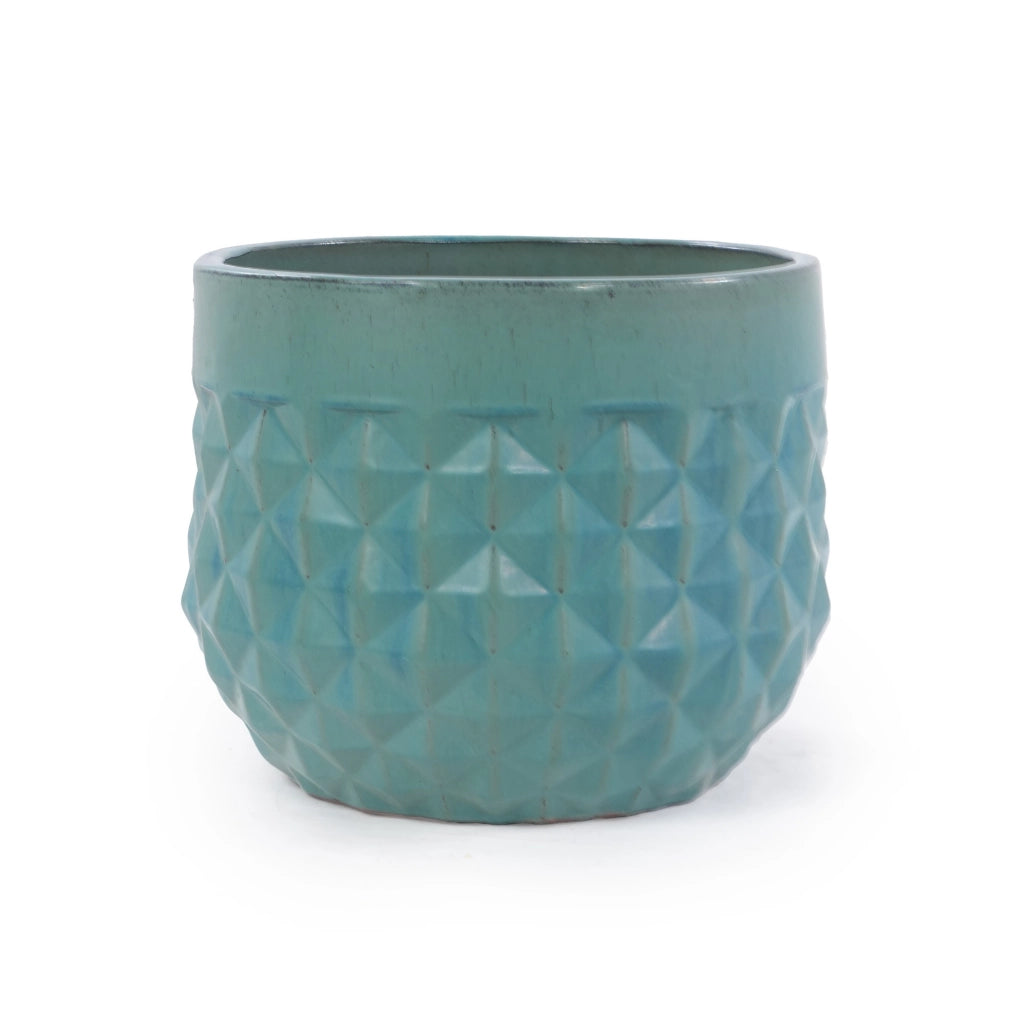 Set di 3 vasi in ceramica smaltata fatti a mano, diametri 36/29,5/21,5 cm, colore turchese con motivo a diamante, con fori di drenaggio, per interno ed esterno