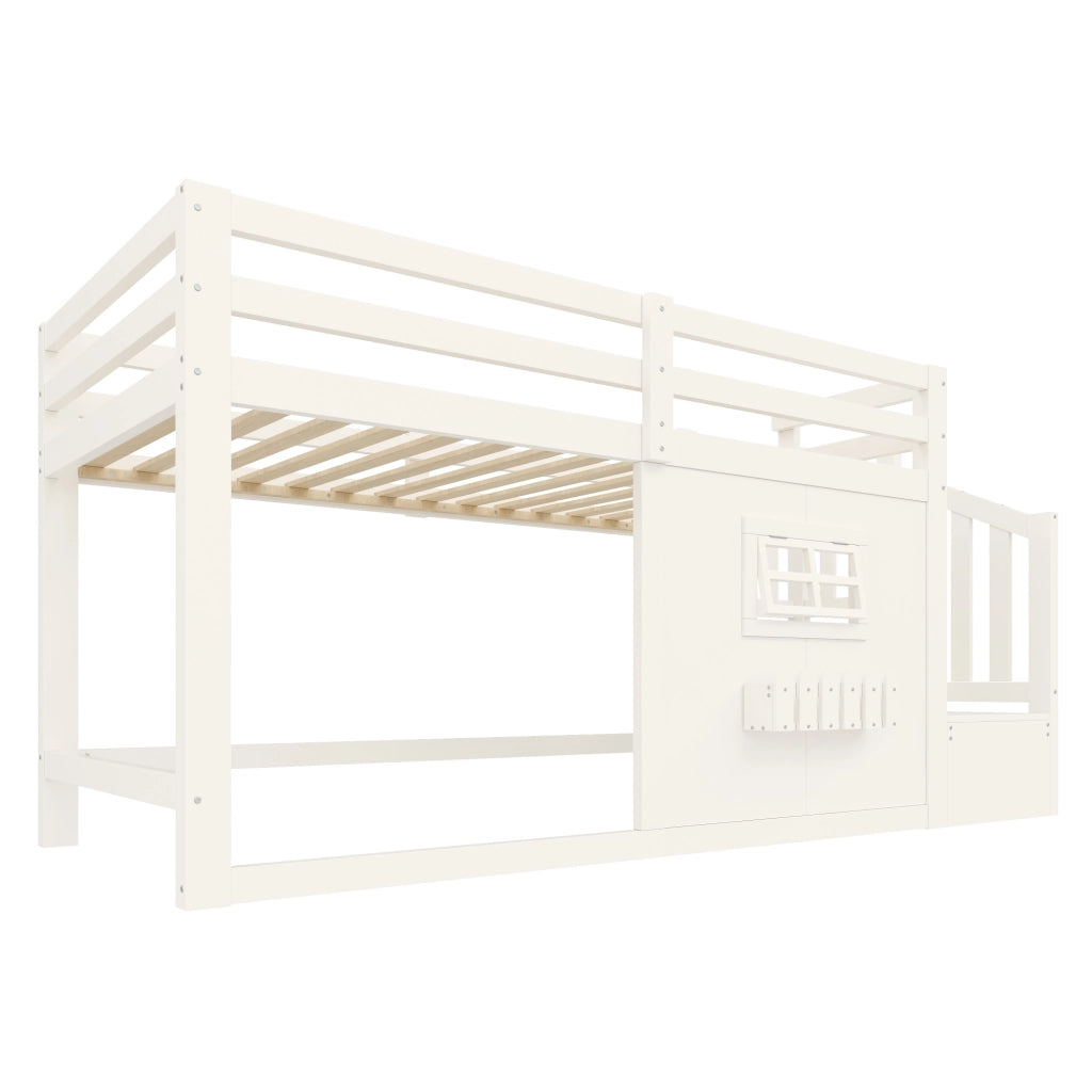 Letto a soppalco 90x200 cm in pino e MDF; con finestra; scala contenitore e LED; bianco