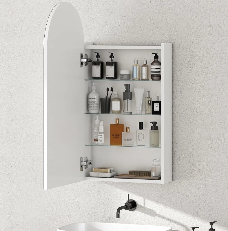 Mobiletto bagno specchiera con specchio ad arco senza cornice, ripiani in vetro regolabili, bianco, 40x12x80 cm