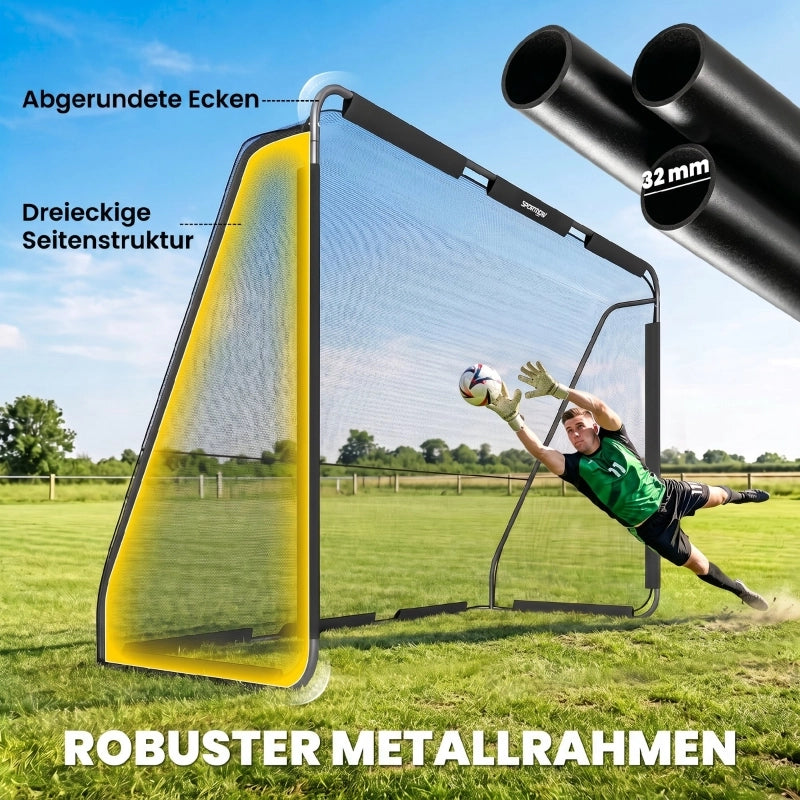 Porta da calcio per giardino con telaio in metallo Ø 32 mm rete fitta in poliestere e 4 picchetti nera