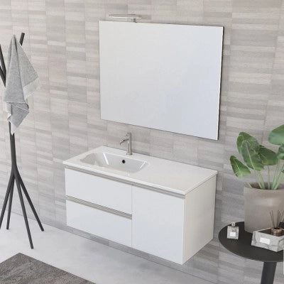 Mobile bagno sospeso 100 cm bianco opaco con cassetti e anta completo di lavabo a sinistra e specchio Master
