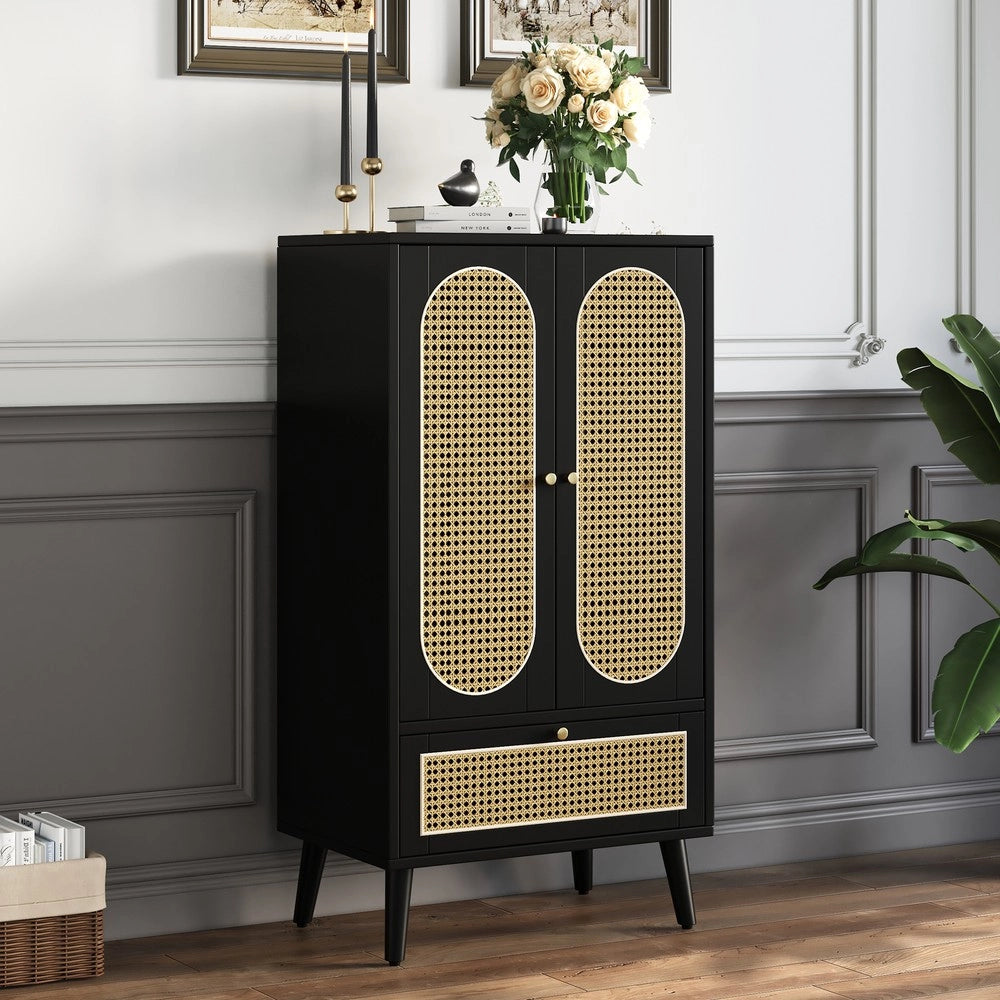Consolle salvaspazio ¨C Minimal ¨C nero design rattan 110x40x120 cm 2 ante 1 cassetto