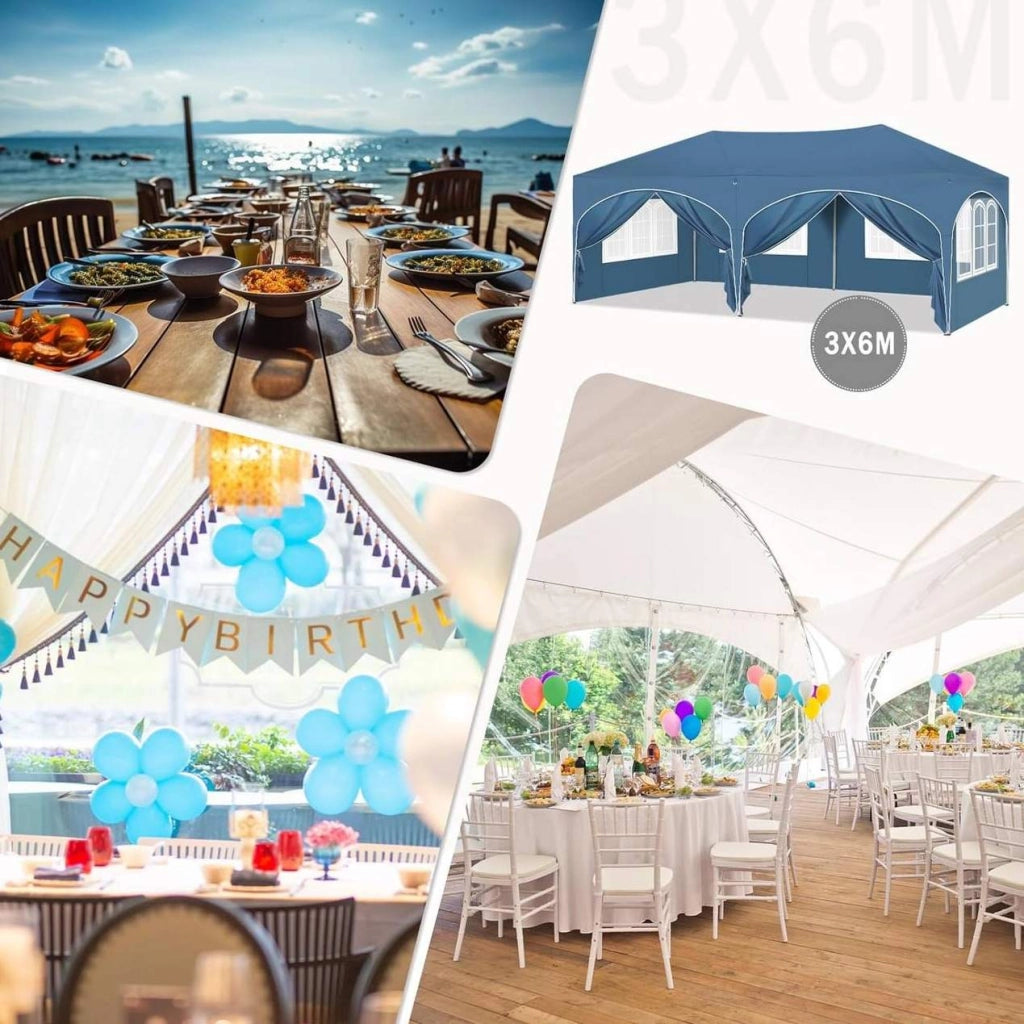 Gazebo pieghevole 3 x 6 m blu con 6 pareti laterali