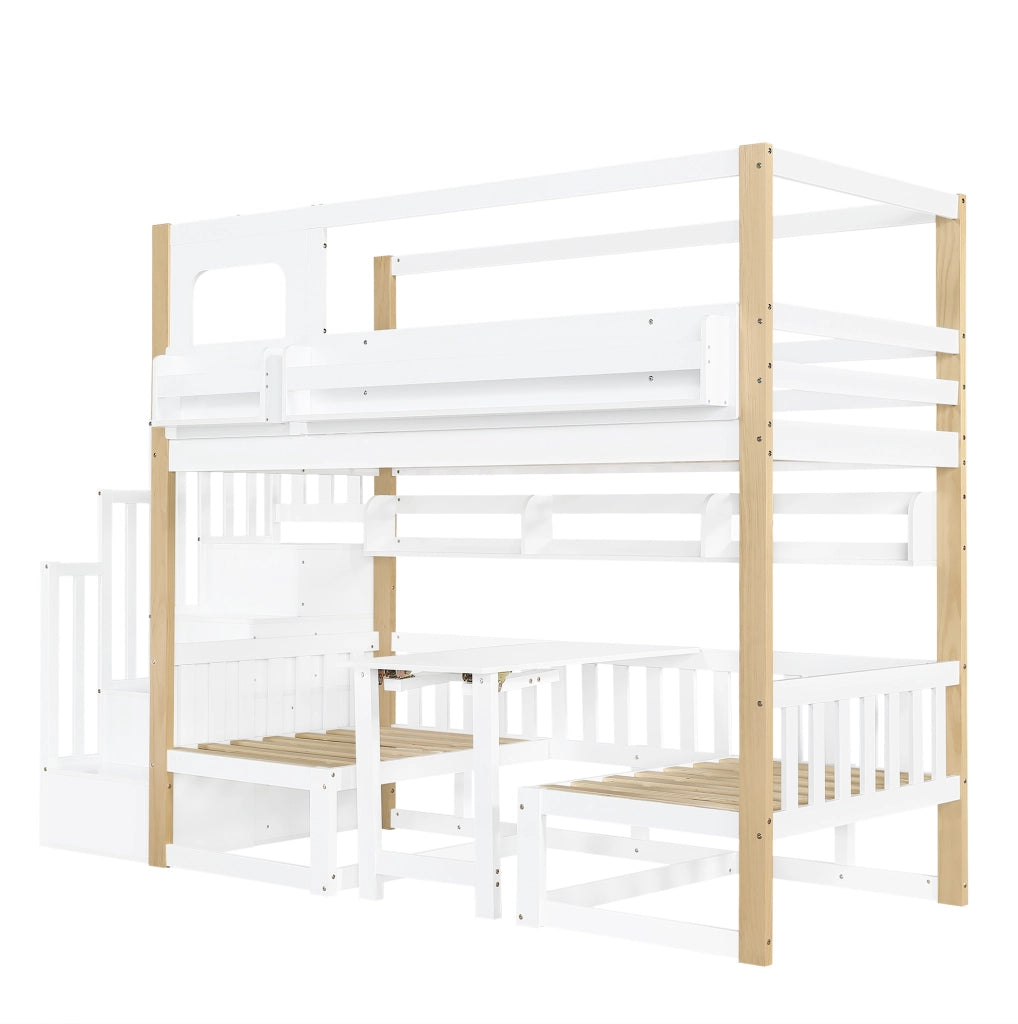 Letto a castello con scrivania regolabile in altezza, scala portaoggetti stabile, legno di pino e MDF, 90x200 cm bianco e naturale