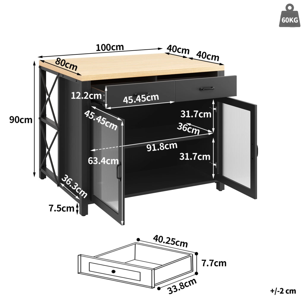 Isola da cucina 100x80x90 cm in MDF e vetro nero con LED e contenitore