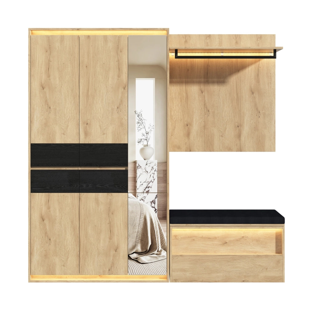 Set guardaroba con specchio; 3 luci LED e panca; 200 ¡Á 47 ¡Á 200 cm; MDF color legno
