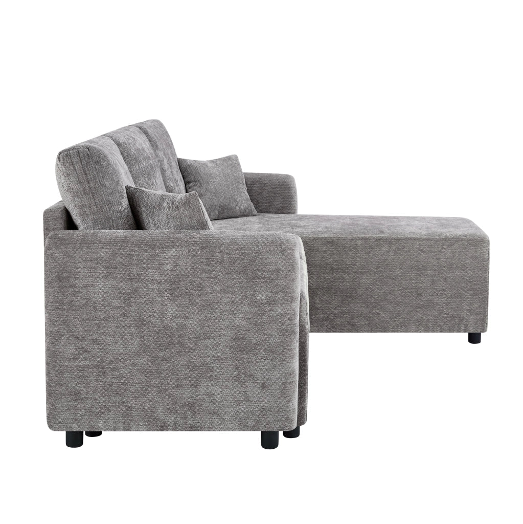 Divano angolare 3 posti con chaise longue e 2 cuscini, imbottitura in schiuma ad alta densità, in ciniglia grigio