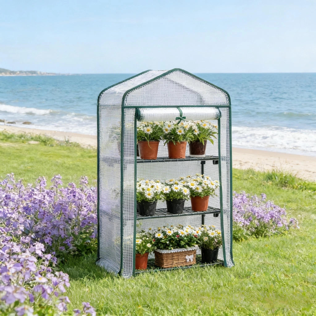 Serra da balcone con 3 ripiani in metallo e porta avvolgibile con zip copertura in PE bianca 69 × 49 × 125 cm