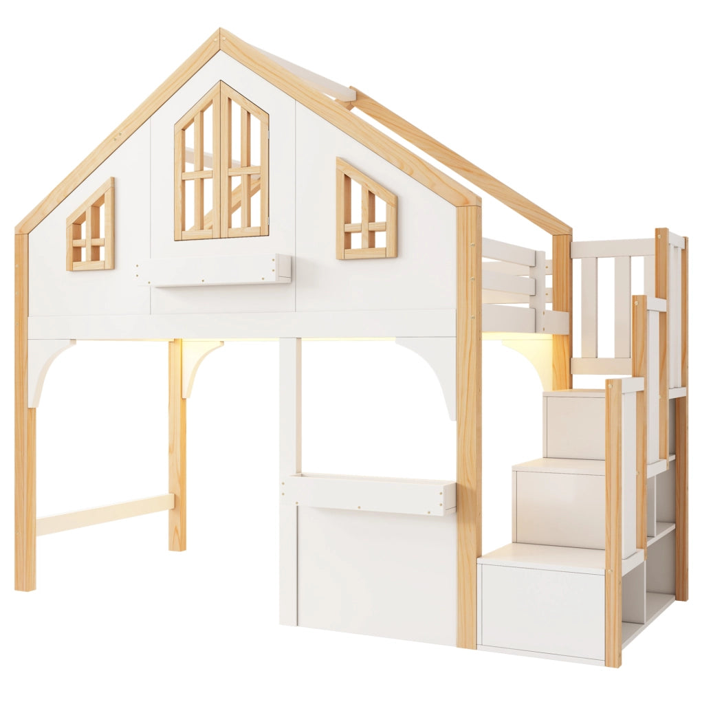 Letto a castello per bambini con scala contenitore; LED e finestra; pino e MDF; bianco; 90x200 cm