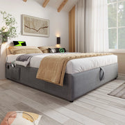 Letto imbottito matrimoniale ¨C Minimal ¨C Grigio tessuto 140x200 cm con rete a doghe senza testiera porta USB-C