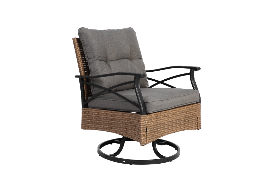 Set da esterno 3 pezzi con 2 poltrone girevoli e tavolino in acciaio e rattan PE grigio