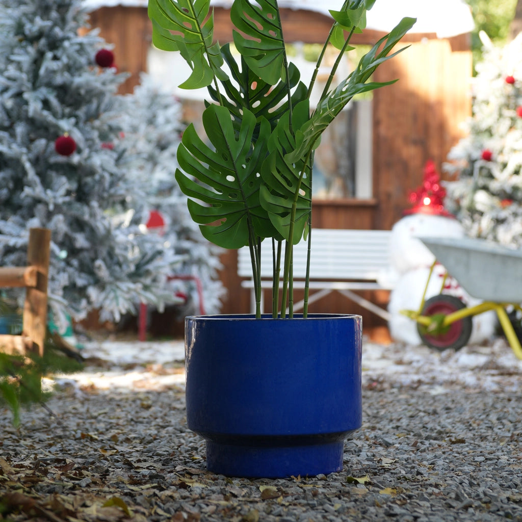 Vaso per piante in ceramica blu-verde con finitura lucida e foro di drenaggio; resistente al gelo e alle intemperie