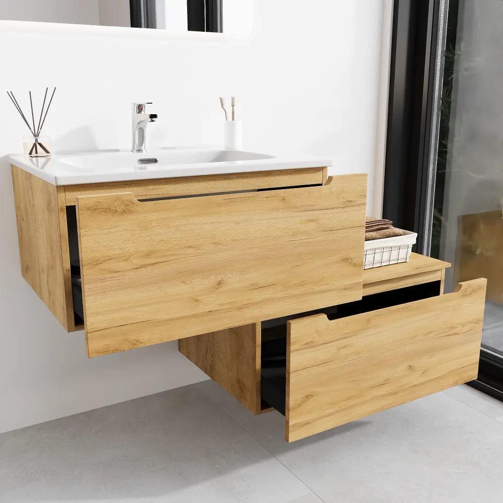 Mobile bagno sospeso modulare 60 cm rovere chiaro due cassetti con lavabo bianco lucido | Bako
