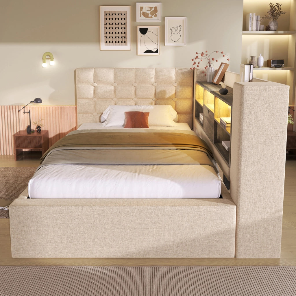 Letto singolo 90 × 200 cm con contenitore idraulico; LED regolabile e USB; materasso incluso; beige