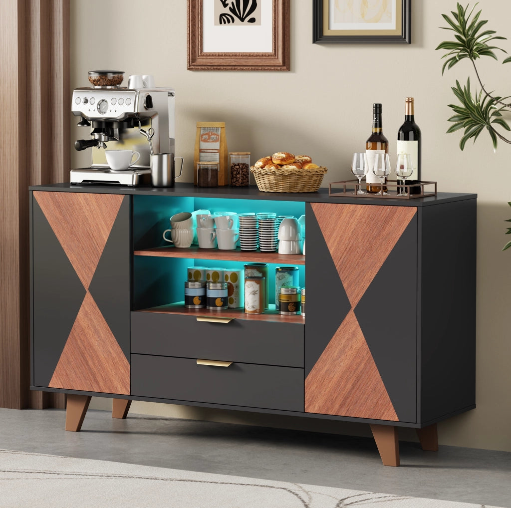 Credenza da cucina 150x40x90 cm con LED RGB; 2 cassetti e ripiani regolabili in MDF; naturale e nero