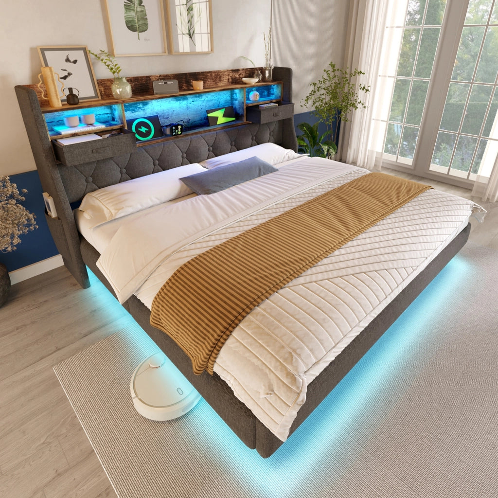 Letto Matrimoniale 140x200 cm Imbottito Grigio con LED; Prese USB e Type-C; Testiera Contenitore in Lino