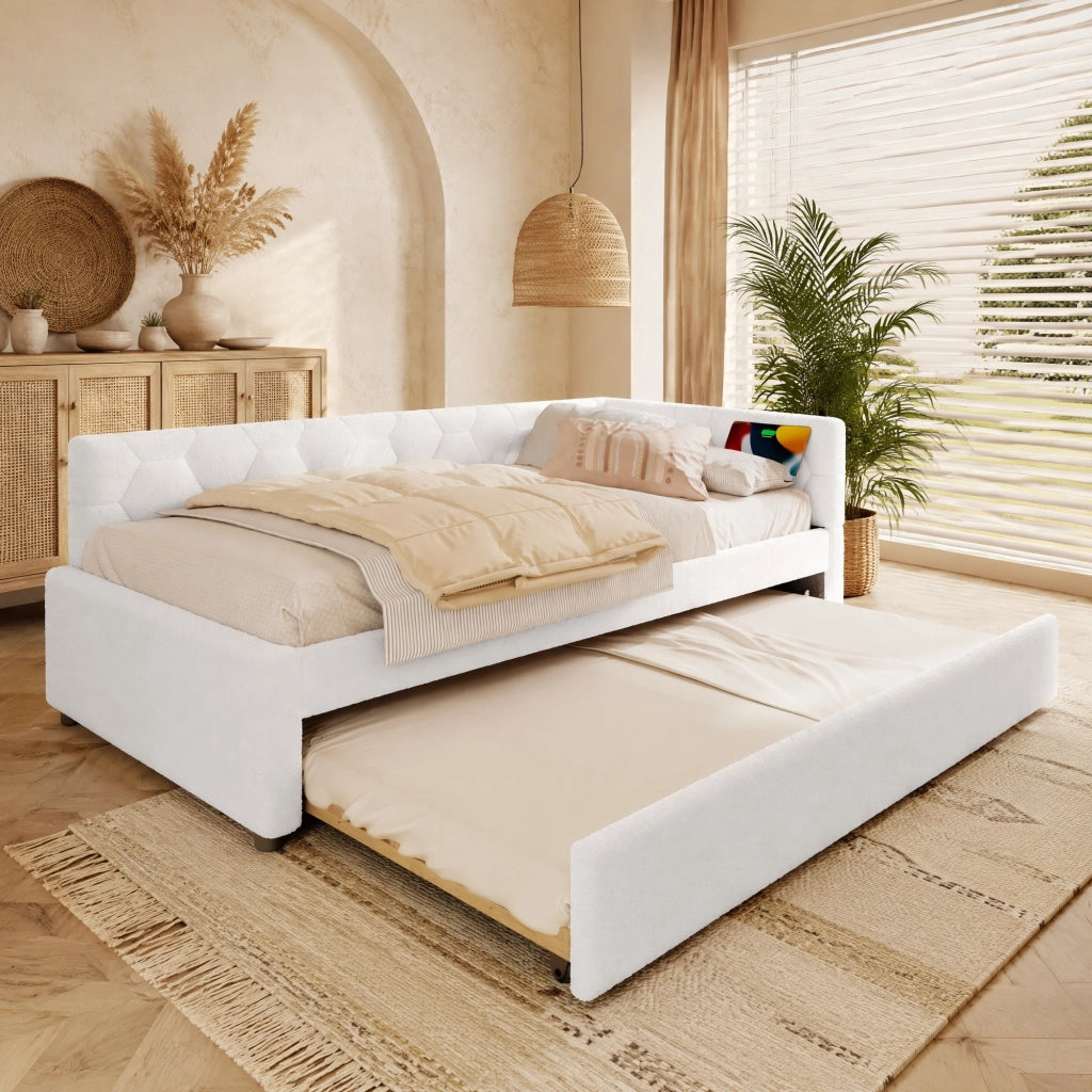 Letto con letto estraibile 90 × 200 cm con USB Type-C e lampada da comodino rivestito in bouclé bianco