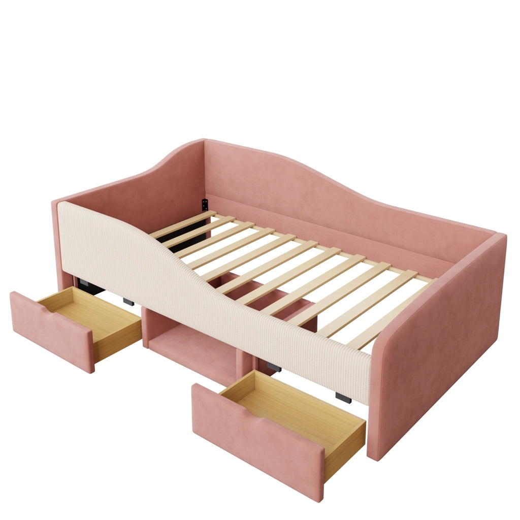 Divano letto 90x190; con 2 cassetti e guide di sicurezza; velluto; rosa e crema