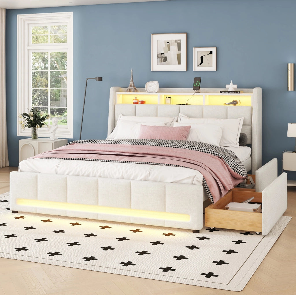 Letto imbottito 140x200 cm in lino e MDF con LED APP; USB e 2 cassetti; beige