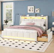 Letto imbottito 140x200 cm in lino e MDF con LED APP; USB e 2 cassetti; beige