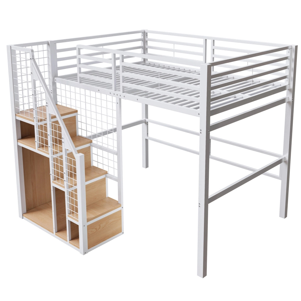 Letto a soppalco in metallo 140x200 cm con scaletta e spazio contenitivo, letto per ragazzi nero e bianco
