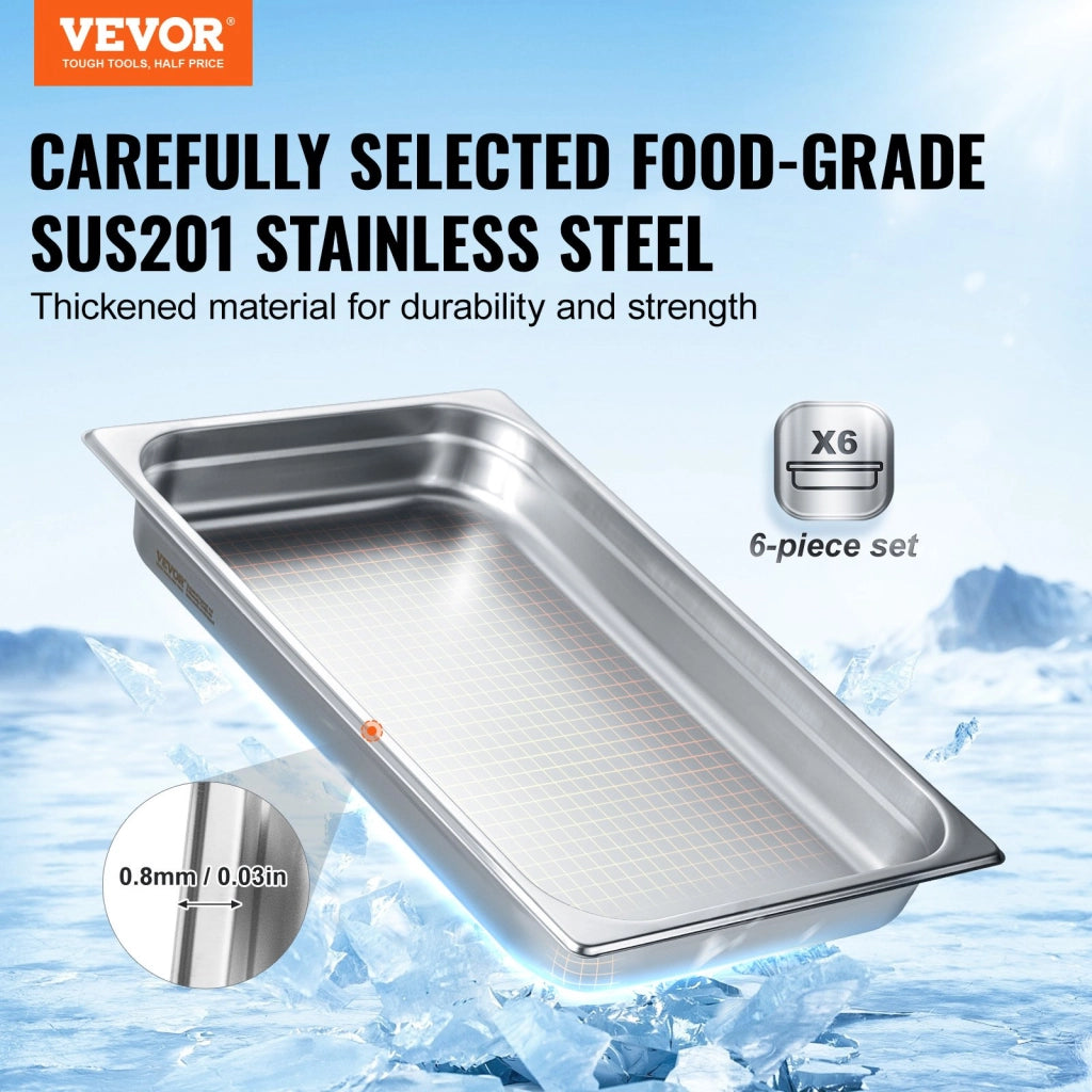 Set 6 Pezzi Contenitori per Alimenti UCT8112-6 in Acciaio Inox Bacinelle 530x328x67 mm Robusto per Catering e Cucina