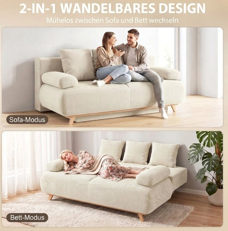Divano letto 2 posti con schienale regolabile, funzione letto e contenitore nascosto, rivestimento in corda beige