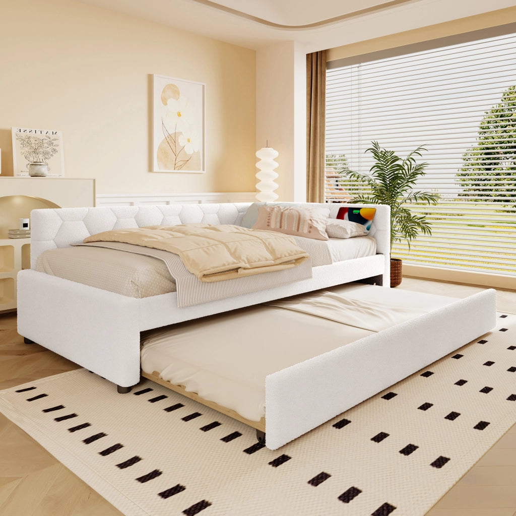 Letto divano singolo 90 × 200 cm con letto estraibile; USB; tipo C e lampada; senza materasso; bouclé bianco