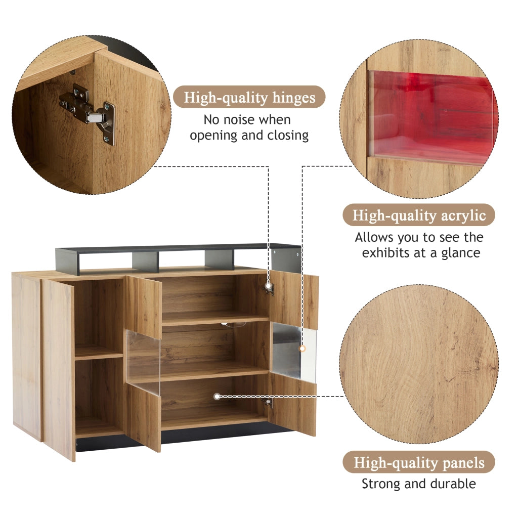Credenza LED 140x44x94 cm in MDF effetto legno con controllo Bluetooth; ante in acrilico e vani