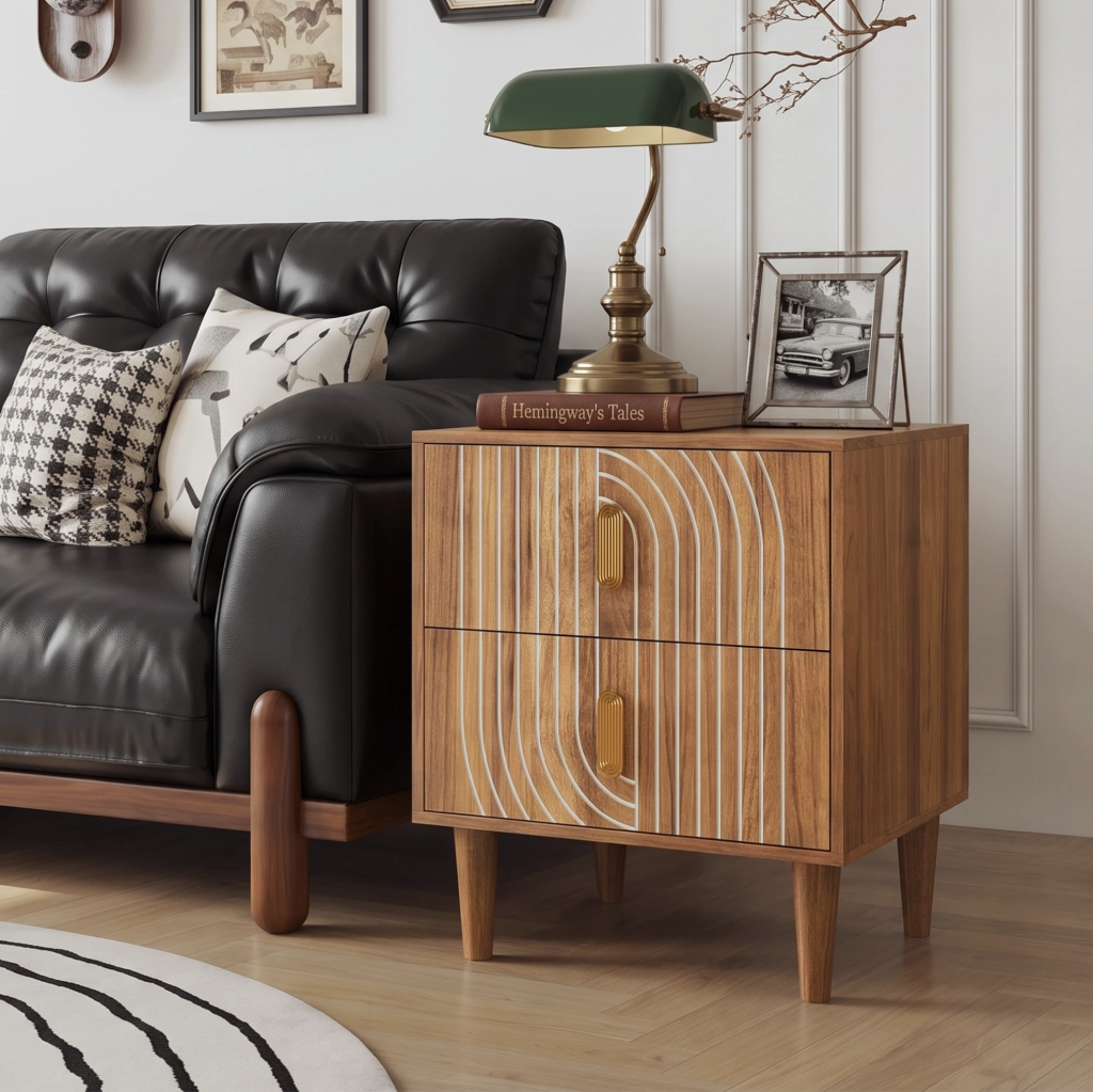 Comodino Bohemien in impiallacciatura noce con 2 cassetti e design geometrico a linee incise