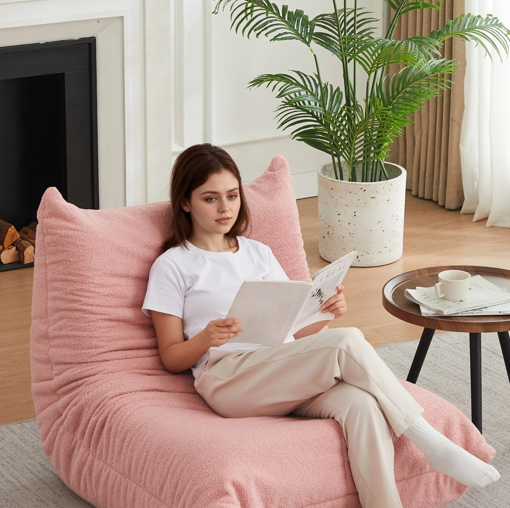 Poltrona da pavimento ULEVR 97 cm in tessuto teddy rosa, imbottita in schiuma elastica, design con bottoni