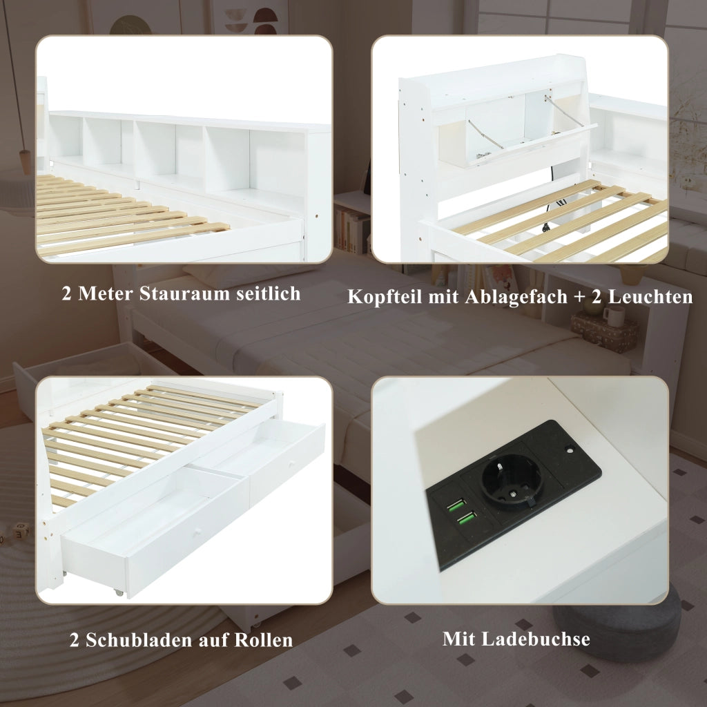 Letto con cassetti 90 × 200 cm con testiera con vano e luci; presa di ricarica; legno MDF bianco