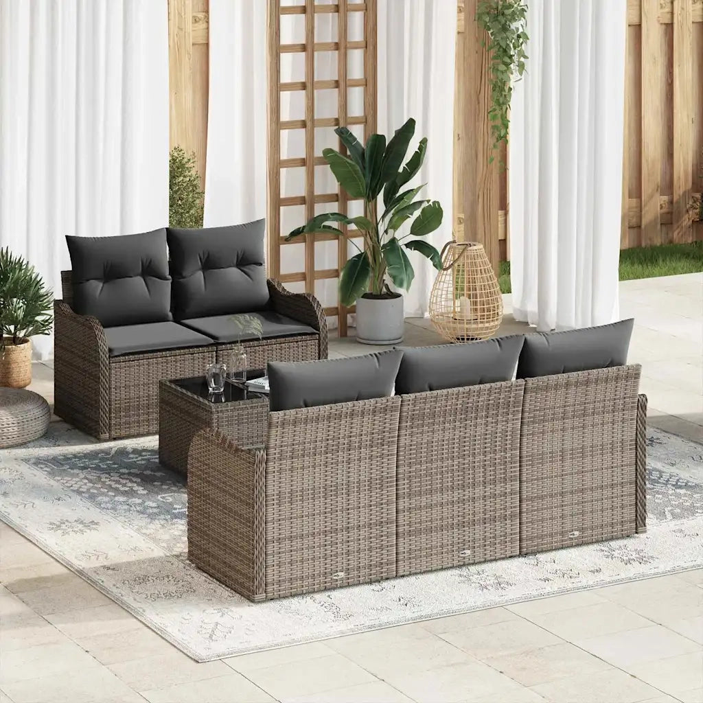 Set Divano da Giardino 6 pcs Grigio Polyrattan, Acciaio e Vetro