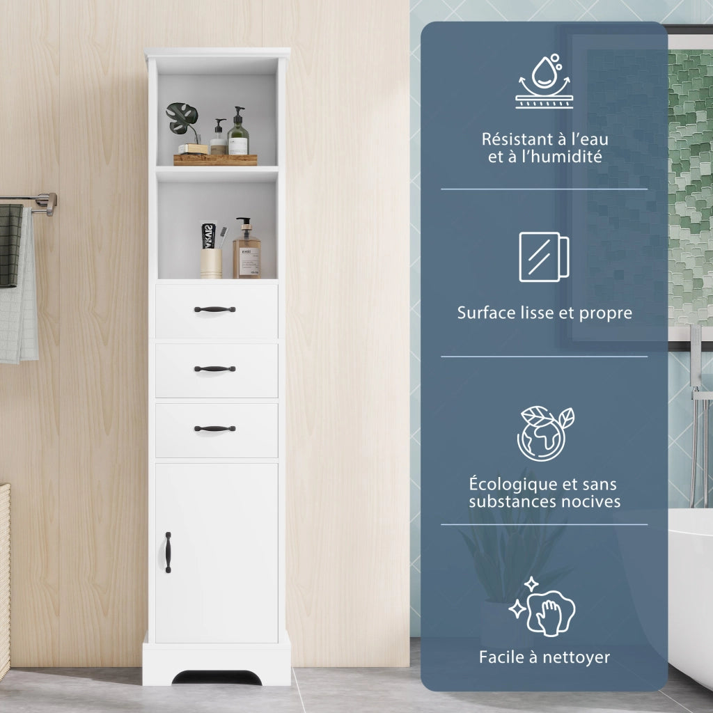 Colonna da bagno con 3 cassetti; vani aperti e ripiani regolabili in MDF laccato bianco 38 × 26 × 172.5 cm