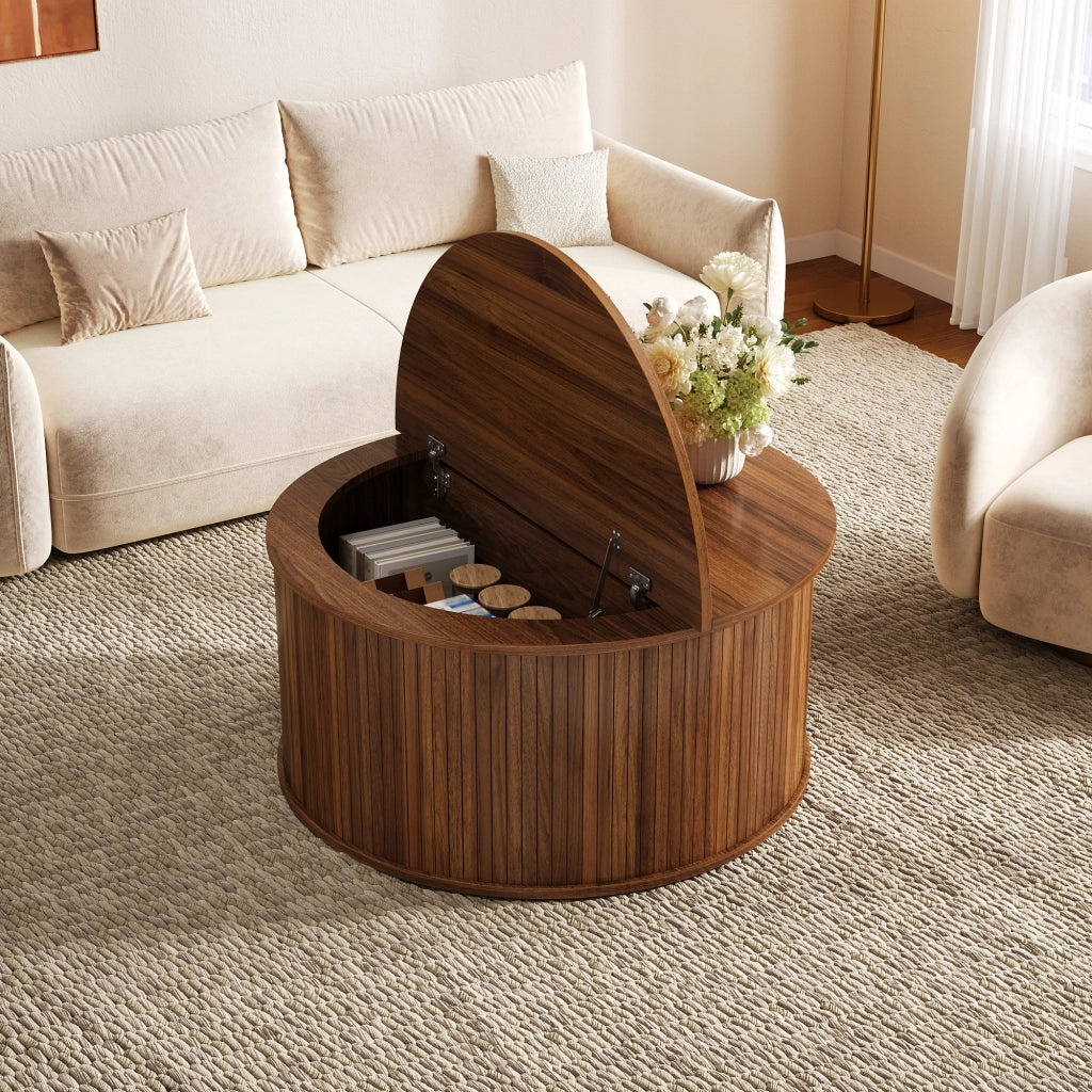 Tavolino rotondo 88 cm effetto noce con piano sollevabile e contenitore; finitura scanalata