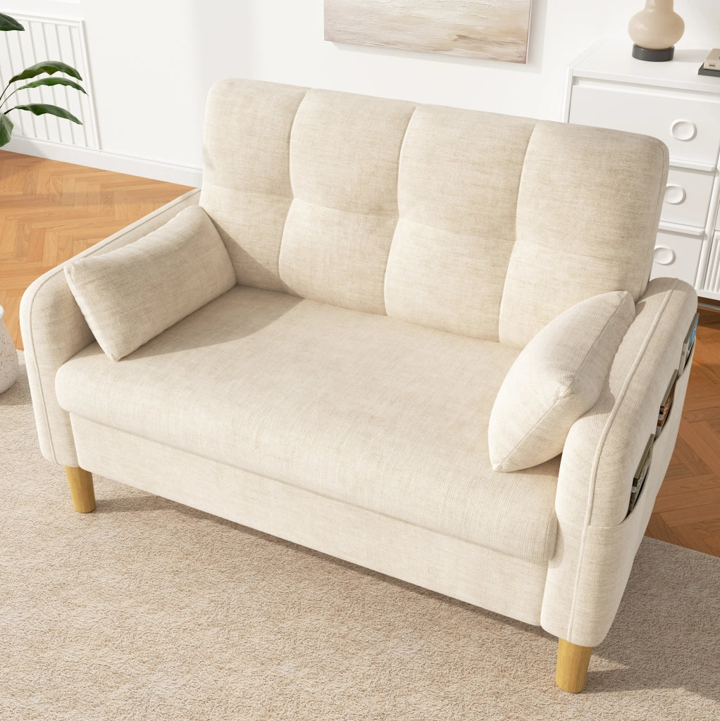 Divano a 2 posti moderno in tessuto chenille beige con cuscini e tasca laterale, 119x78x85 cm