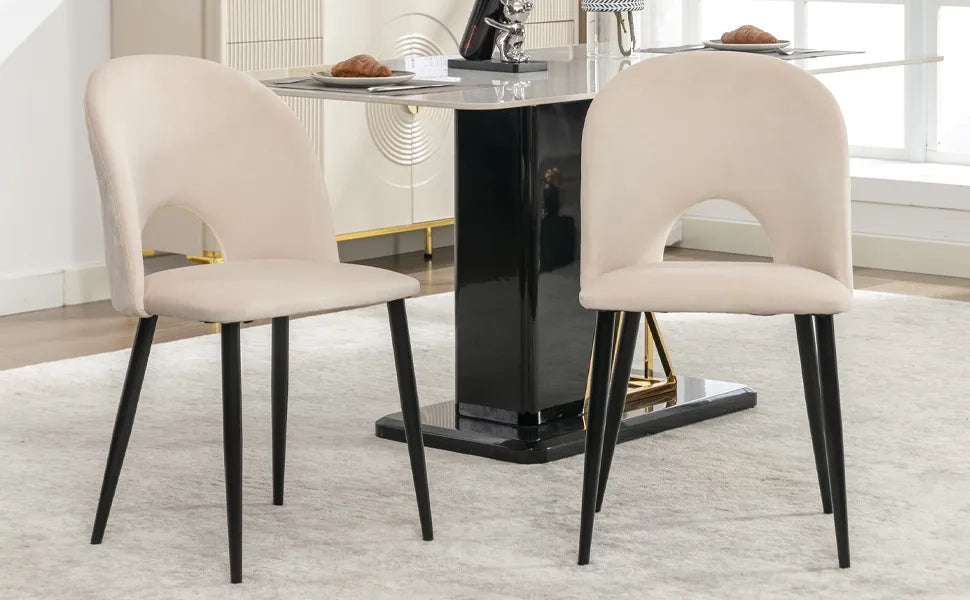 2 Sedie da Pranzo Imbottite, Design con Schienale in Velluto Beige a Motivo Diamante, Struttura in Metallo con Piedini Regolabili