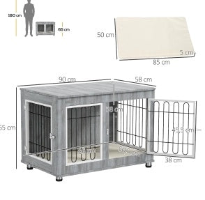Gabbia per cani ULEVR 90x58x65 cm con 2 porte, cuscino lavabile e piedini regolabili, grigio