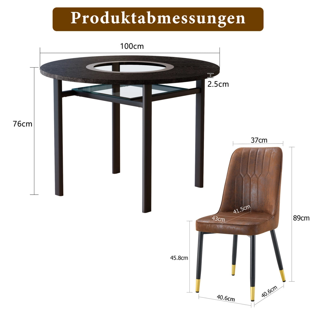 Set tavolo rotondo con 2 sedie marroni; piano MDF nero con inserto in vetro Ø 100 cm
