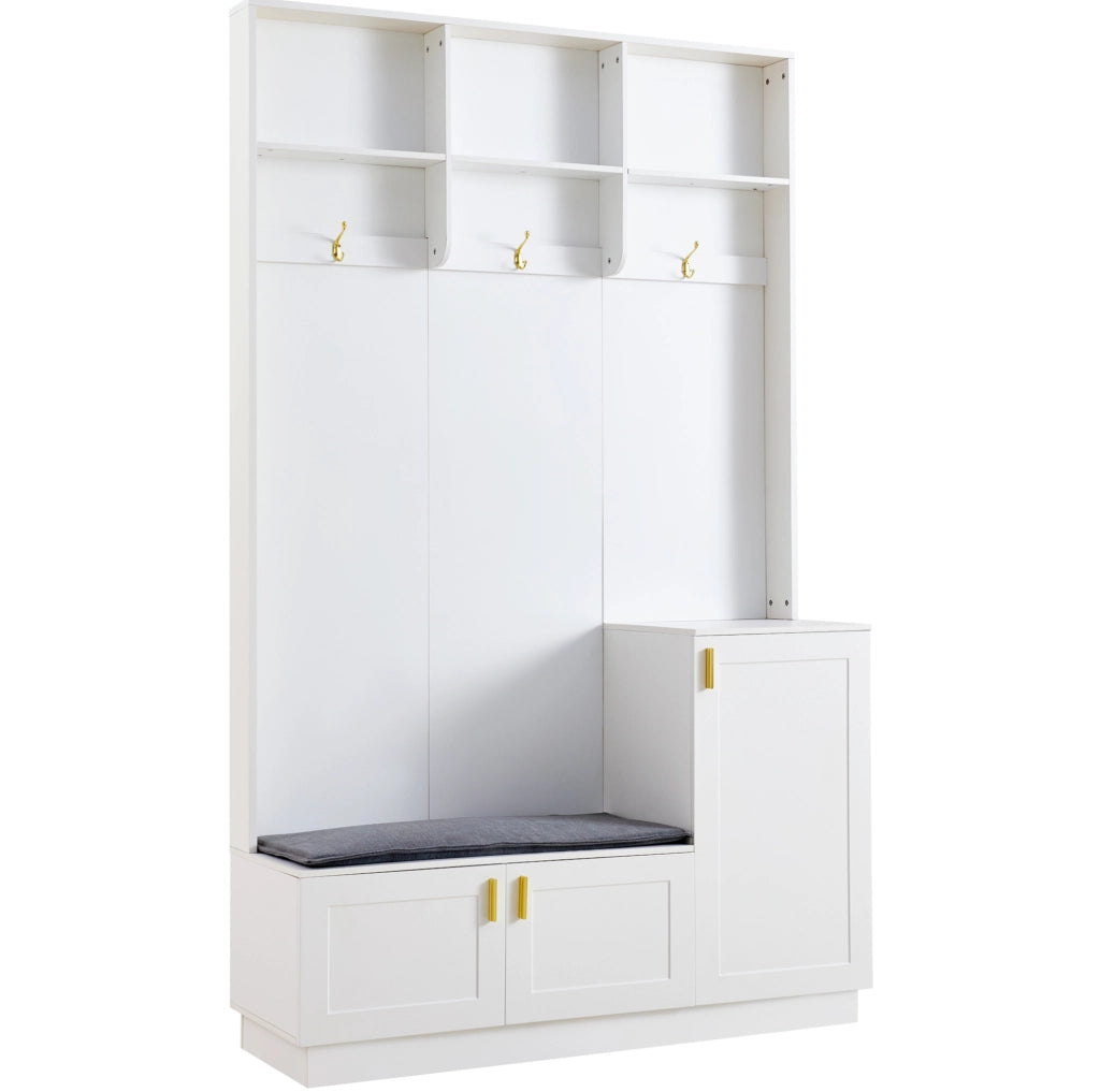 Set appendiabiti con panca e porta scarpe, panca multifunzionale con 3 ganci appesi e spazio aperto, bianco, 120x40x200 cm