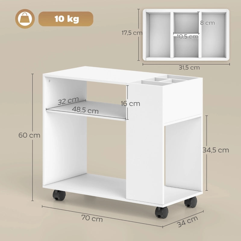 MOBILETTO Portastampante 70 x 34 x 60 cm Bianco in Legno con Ripiani e Ruote