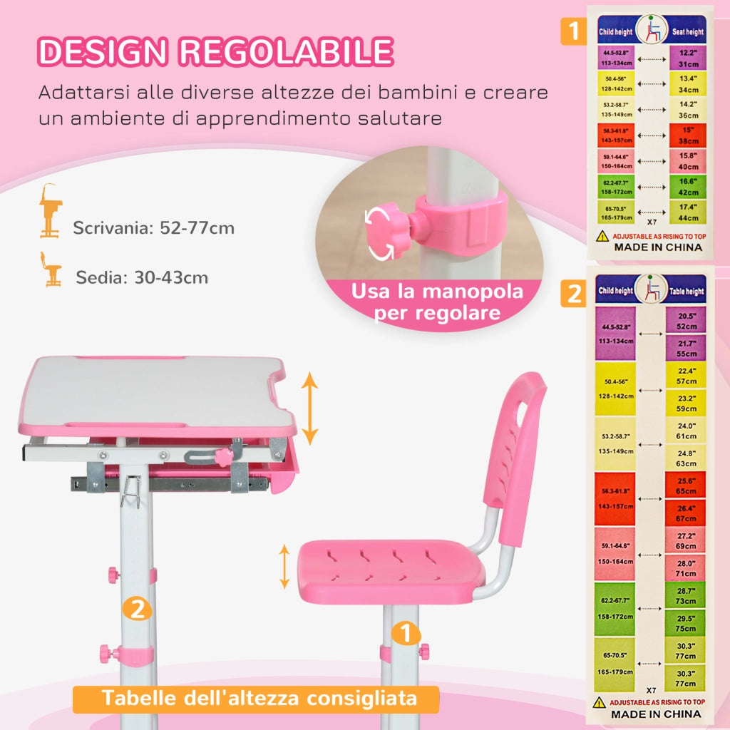 Banco Scuola per Bambini 6-12 Anni con Sedia e Altezza Regolabile, Piano Inclinabile, 66x47x52-77 cm, Rosa