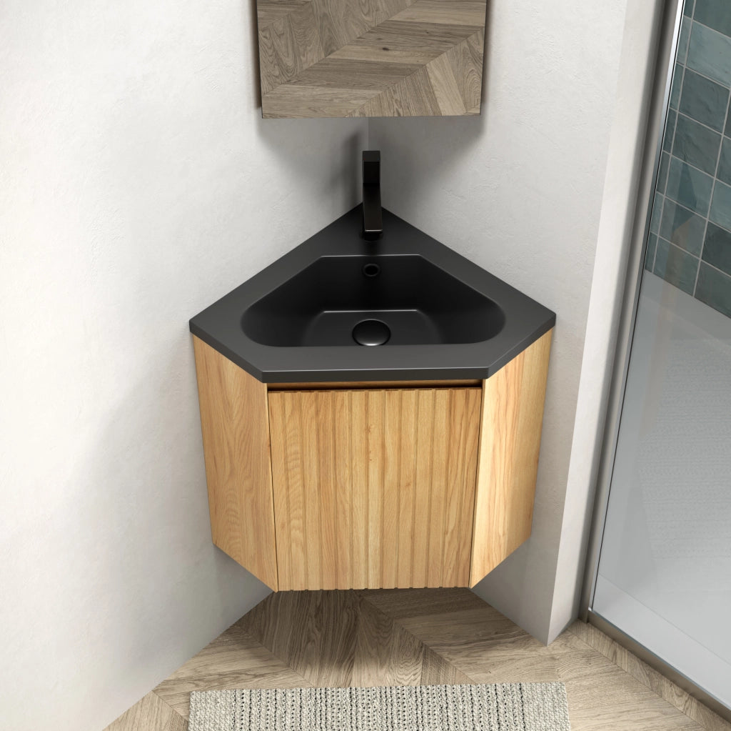 Mobile bagno angolare ULEVR con lavabo triangolare integrato in resina nera opaca e anta effetto rovere