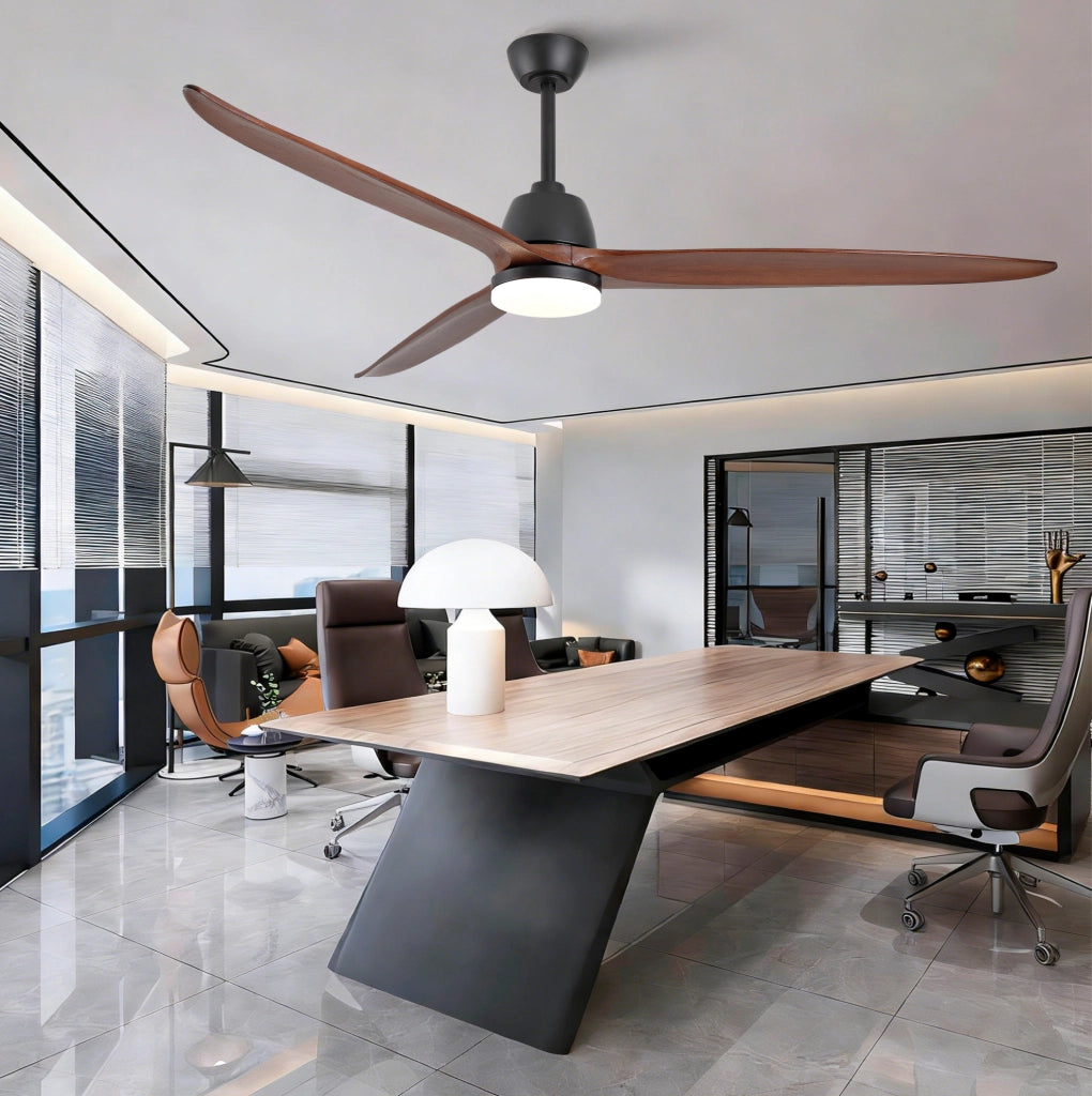 Ventilatore da soffitto 72" con LED dimmerabile; 3 pale in acero massello; nero e noce scuro